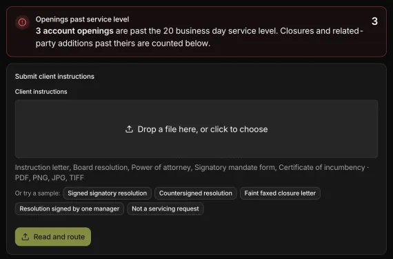 Corporate Account Servicing Desk running on sample data