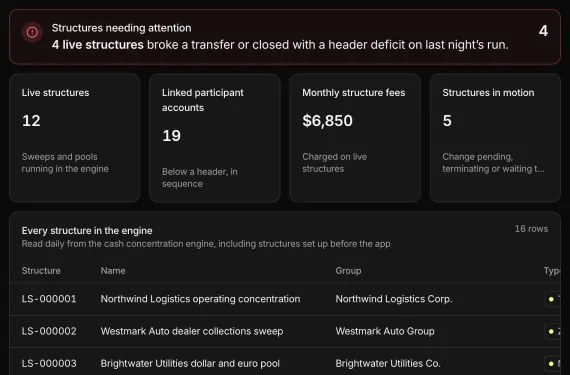 Liquidity Structures Console running on sample data