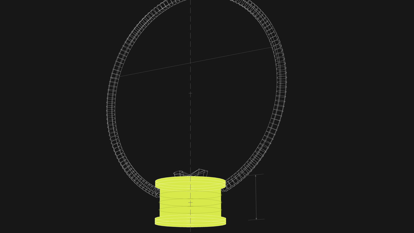 A wireframe seal ring standing on a solid lime cylindrical stamp, the stamp height marked by a dimension line