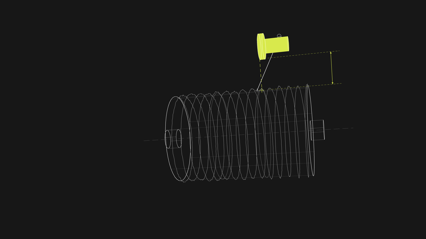 A wireframe helical coil along a dashed axis on a dark background, with a small solid lime part above it joined to the coil by a line and a lime dimension arrow