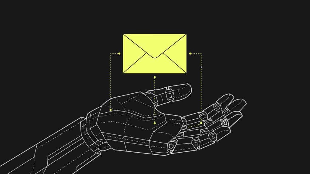 Wireframe robotic hand on black background holding a yellow envelope icon, AI agents automating business email and document workflows