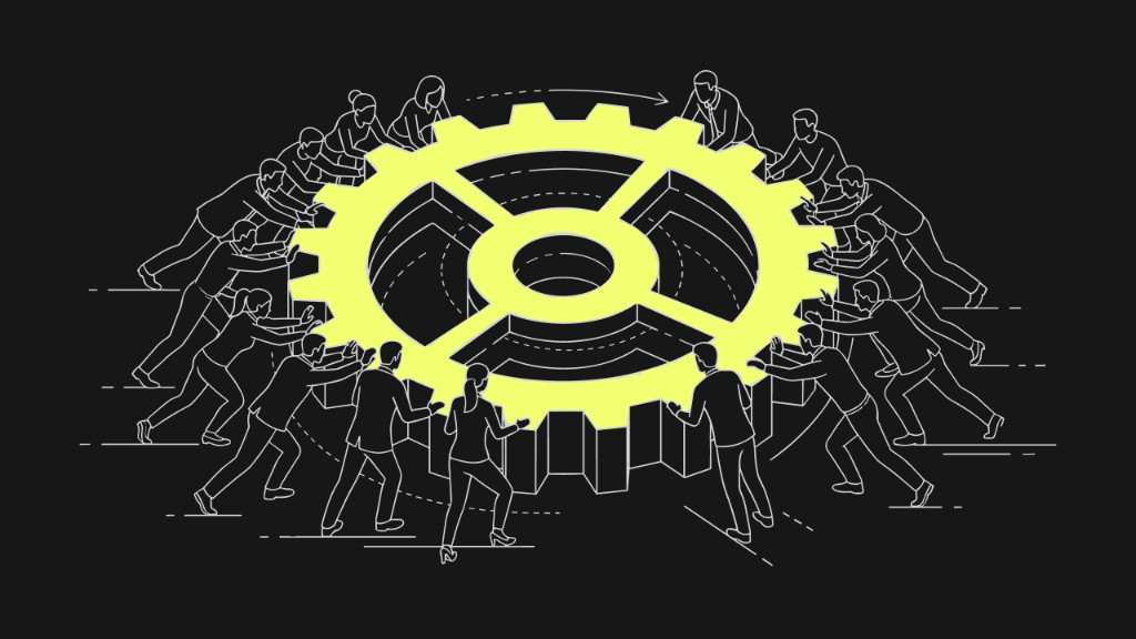 Large yellow isometric gear with white outlined figures pushing together—enterprise AI agents driving operational workflows