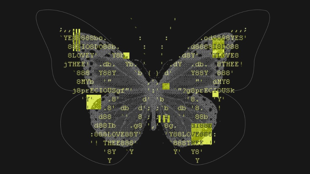 Digital butterfly made of chartreuse ASCII-style text, dithered gray wing texture, and glowing rectangular data blocks on a dark gray background, symbolizing AI and digital transformation
