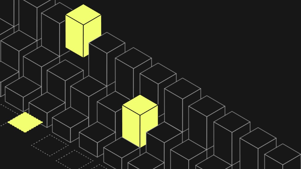 Abstract isometric illustration of dark data blocks with bright yellow highlights, representing a structured AI audit trail and compliance monitoring.