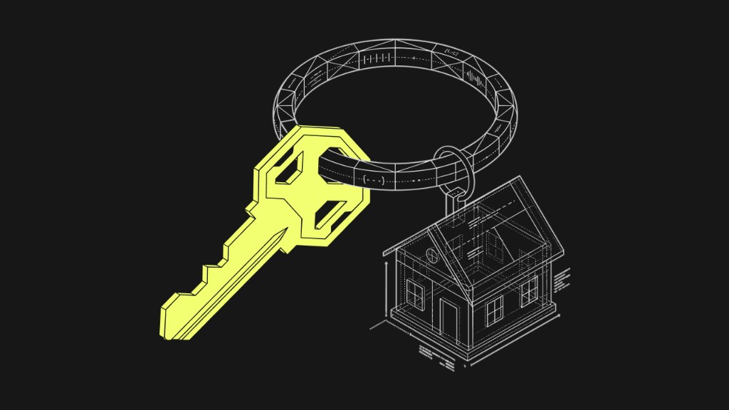 AI automation for real estate operations in 2026 — a yellow key on a wireframe keyring linked to an isometric blueprint house, symbolizing the architectural choices that determine which AI deployments actually scale in real estate operations.