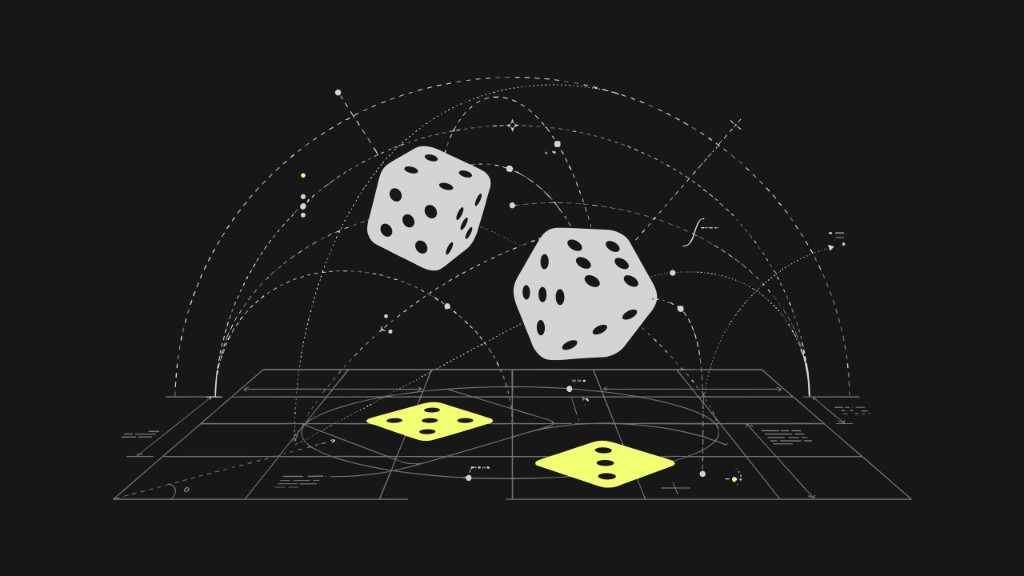 Stylized illustration of dice rolling onto a grid with one yellow path traced clearly across the board, symbolizing the structured inventory an AIBOM provides for an AI system.