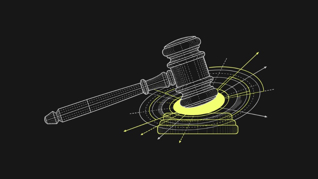 Wireframe judge's gavel with yellow glow and radiating arrows representing AI for compliance automation