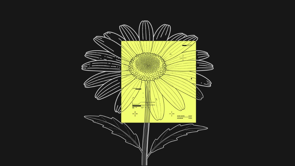 Daisy flower with chartreuse yellow data grid overlay on dark background, representing AI for digital transformation in enterprise operations