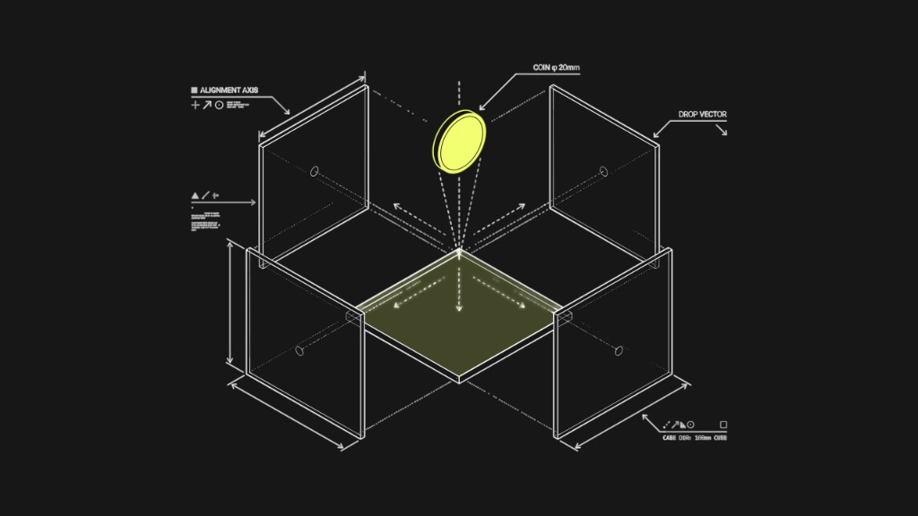 Technical blueprint-style illustration of a glowing coin centered in a measured cube with precision linework, representing governed AI for operational efficiency