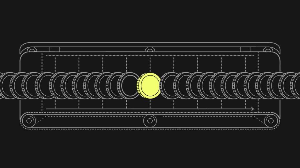 Abstract conveyor workflow with highlighted yellow token representing AI-powered workflow automation