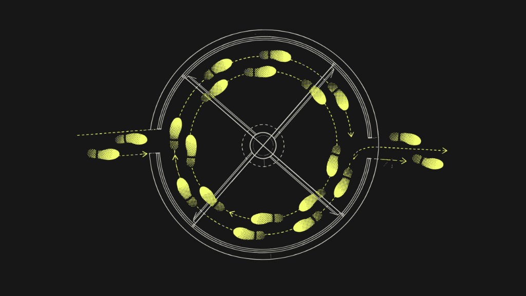 Isometric wheel diagram with chartreuse nodes flowing through interconnected circular paths on a dark background, representing AI-powered business automation in 2026