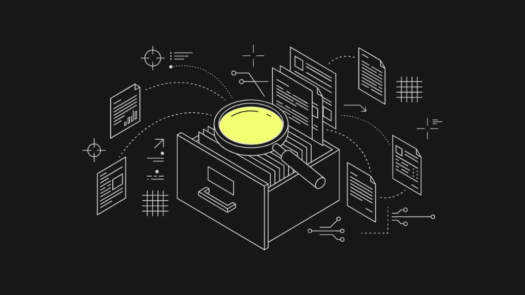 Wireframe filing cabinet with a chartreuse magnifying glass and orbiting document icons on a dark background, representing AI tools for insurance claims processing