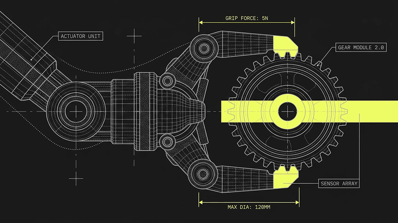 Line-art schematic of a robotic gripper holding a gear, with lime-green callouts