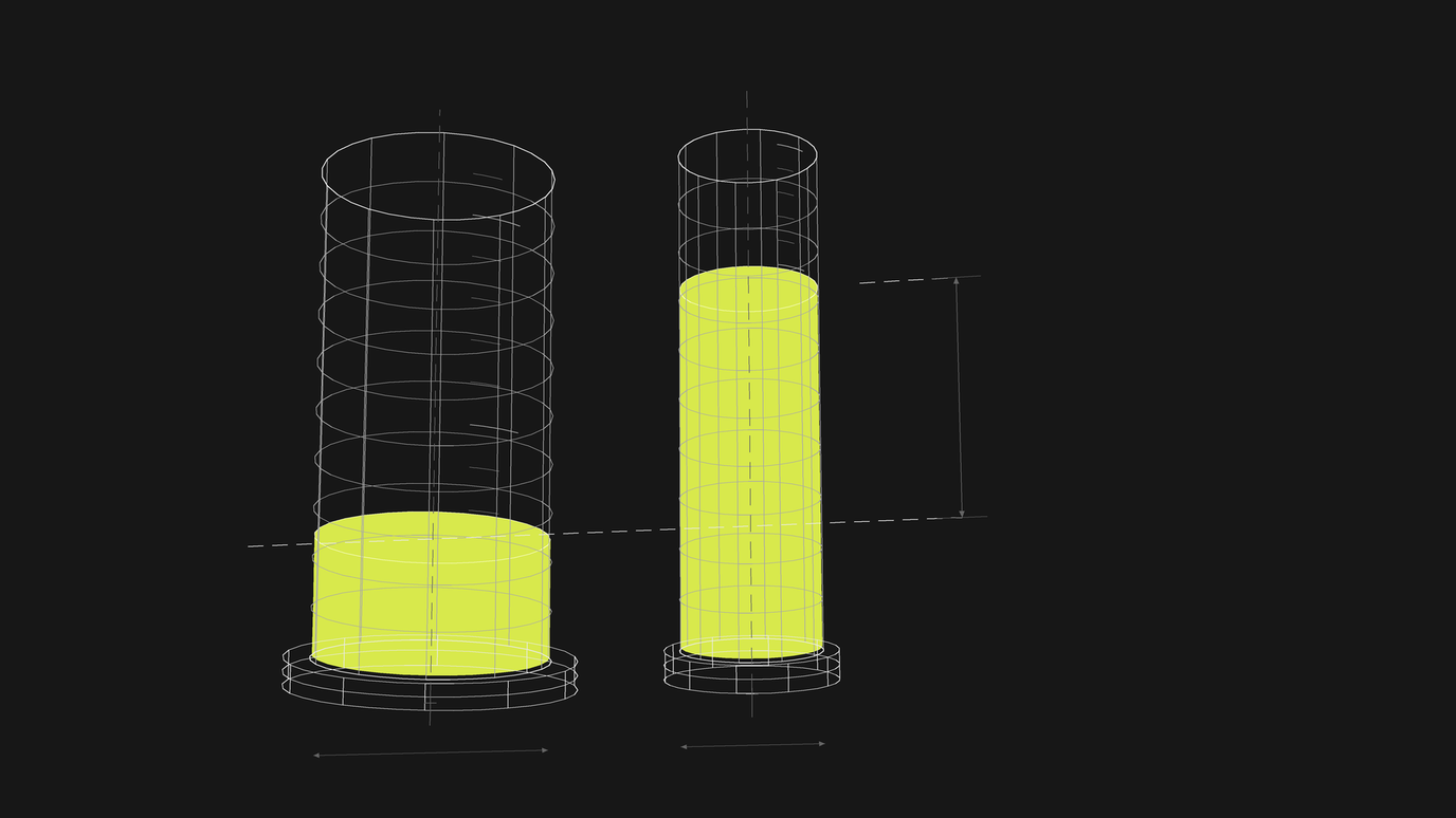 Two wireframe measuring cylinders of different widths holding equal volumes of lime fluid at visibly different levels, with a dimension line marking the gap