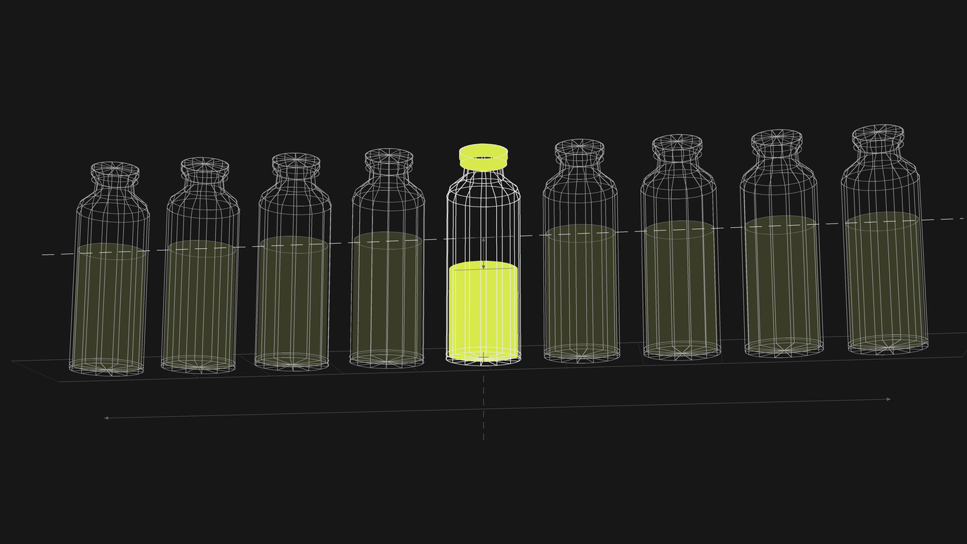 A row of wireframe sample bottles sharing one dashed reference line, with the single solid lime bottle measured against its own lower fill level