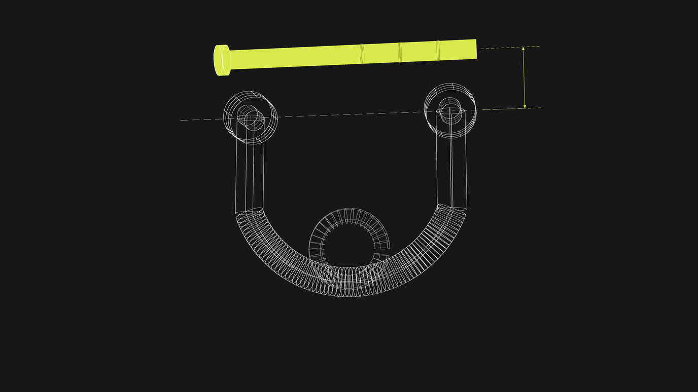 A wireframe U-shaped coiled spring held by two ring-ended arms, with a solid lime rod floating above it and a lime dimension arrow marking the gap between the rod and the arms