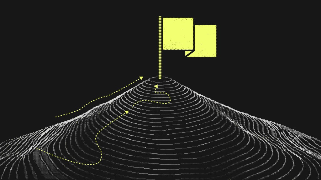 Digital topographic mountain of white data points with a yellow flag at the summit and dashed ascent paths—BPM challenges and strategic progress