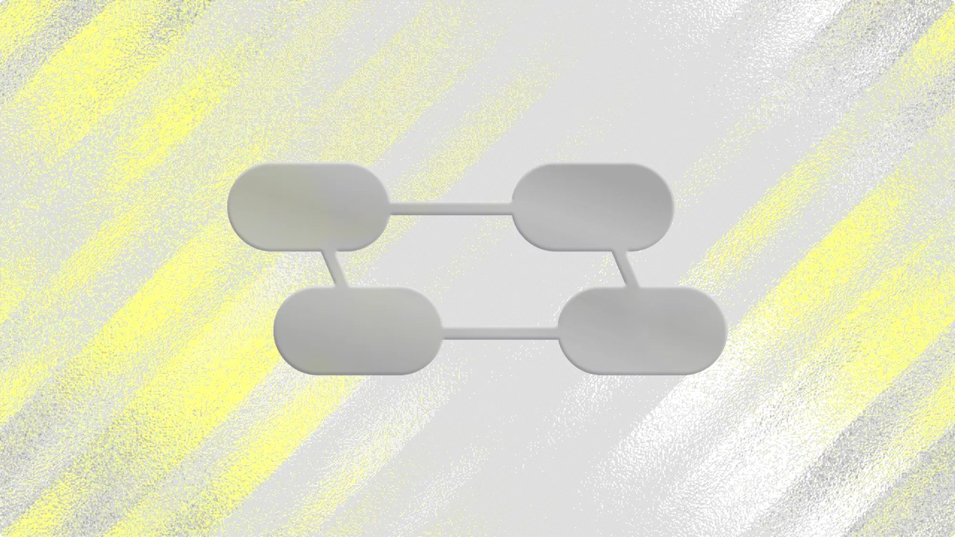 Four rounded gray capsules joined by thin connectors in a loop, set against a soft gray background with diagonal yellow noise stripes