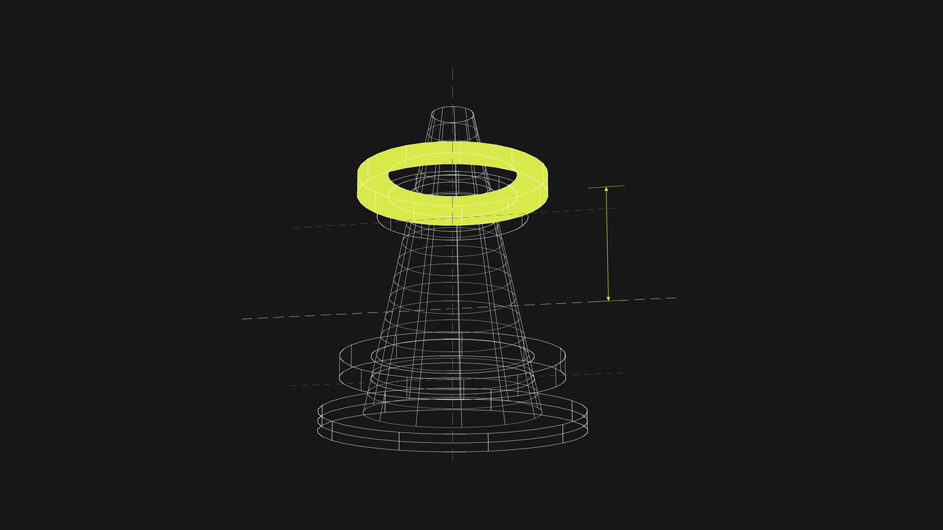 A wireframe cone on stepped base discs with a lime ring lifted above its seat, a dimension arrow marking the gap between where it sits and where it belongs