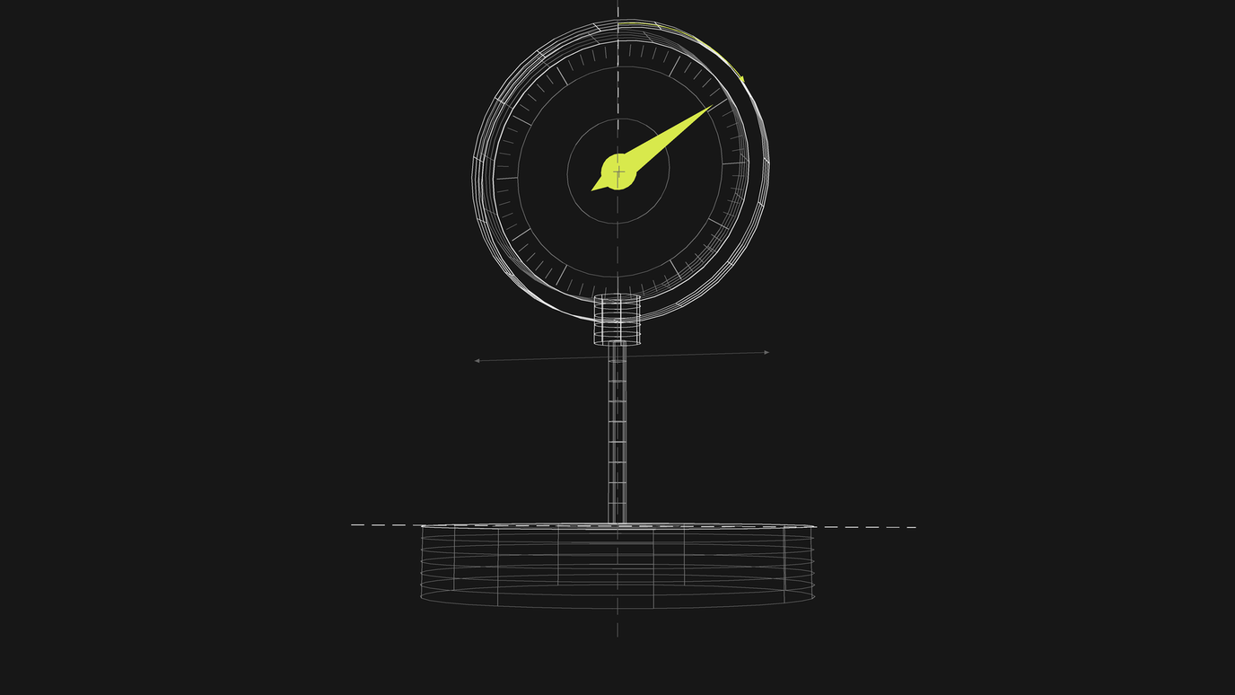 A wireframe pressure gauge on a pedestal with a solid lime needle deflected off center, its travel marked by a dimension line