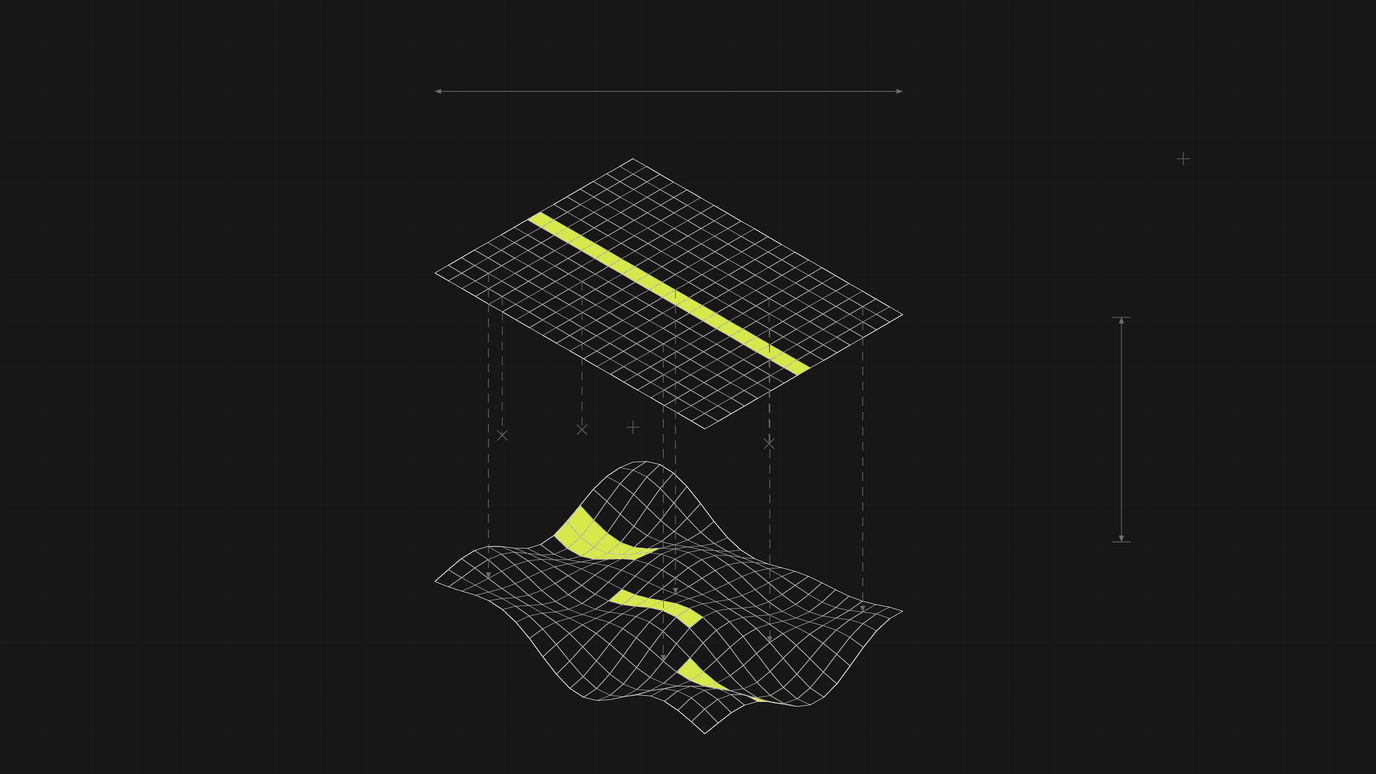 Data governance: a flat policy plane above a warped execution surface, with dashed lines between them