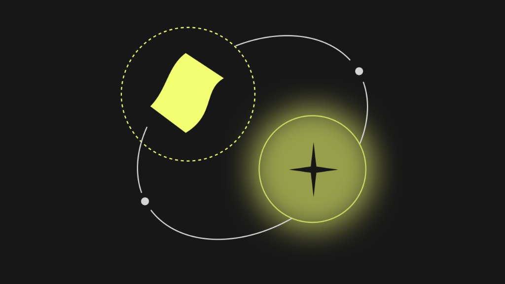 Abstract illustration of AI document automation: yellow document icon and glowing star node connected by a white orbital path on a black background