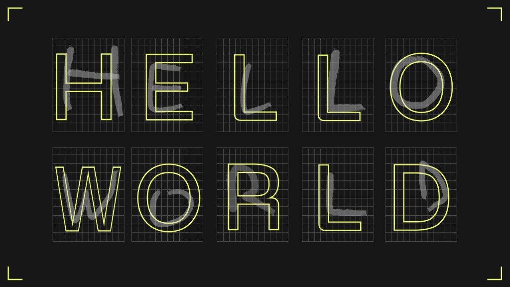 HELLO WORLD in yellow outlined letters with gray brush strokes on a black grid—enterprise AI assistant and English as Code concept