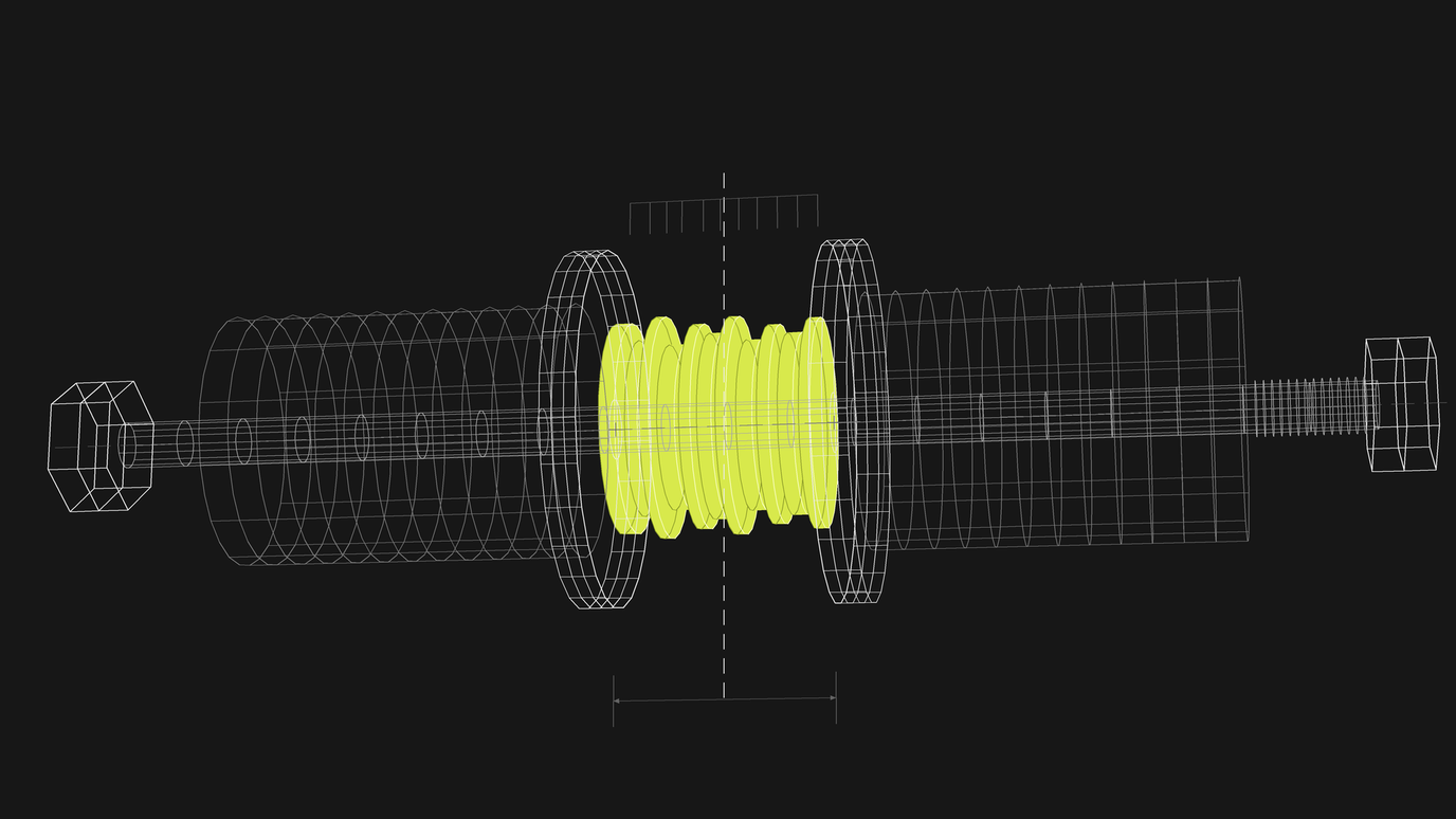 An exploded wireframe shaft assembly with the threaded section rendered solid lime and its engaged length marked by a dimension line