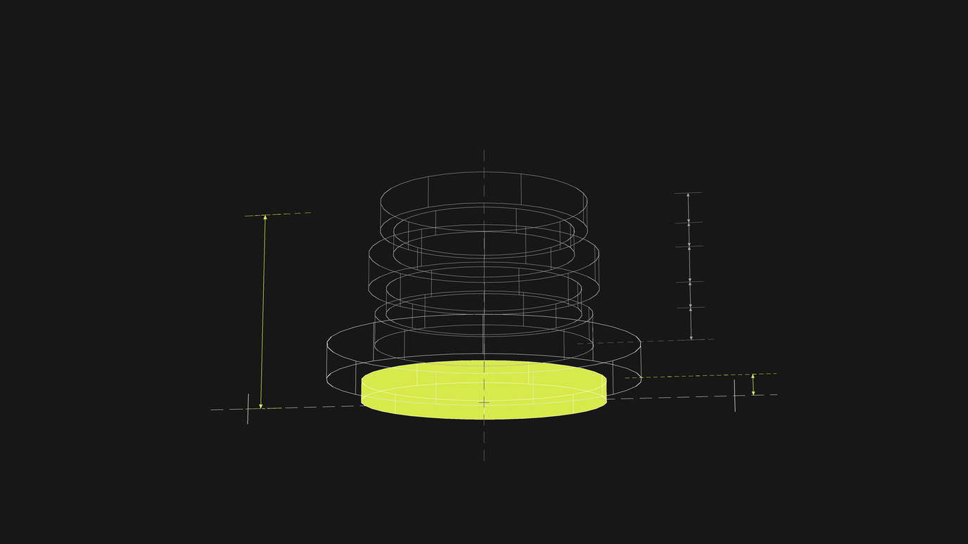 A wireframe stack of concentric cylindrical rings in isometric view, the bottom disc filled lime, with lime and grey dimension arrows marking its height and thickness