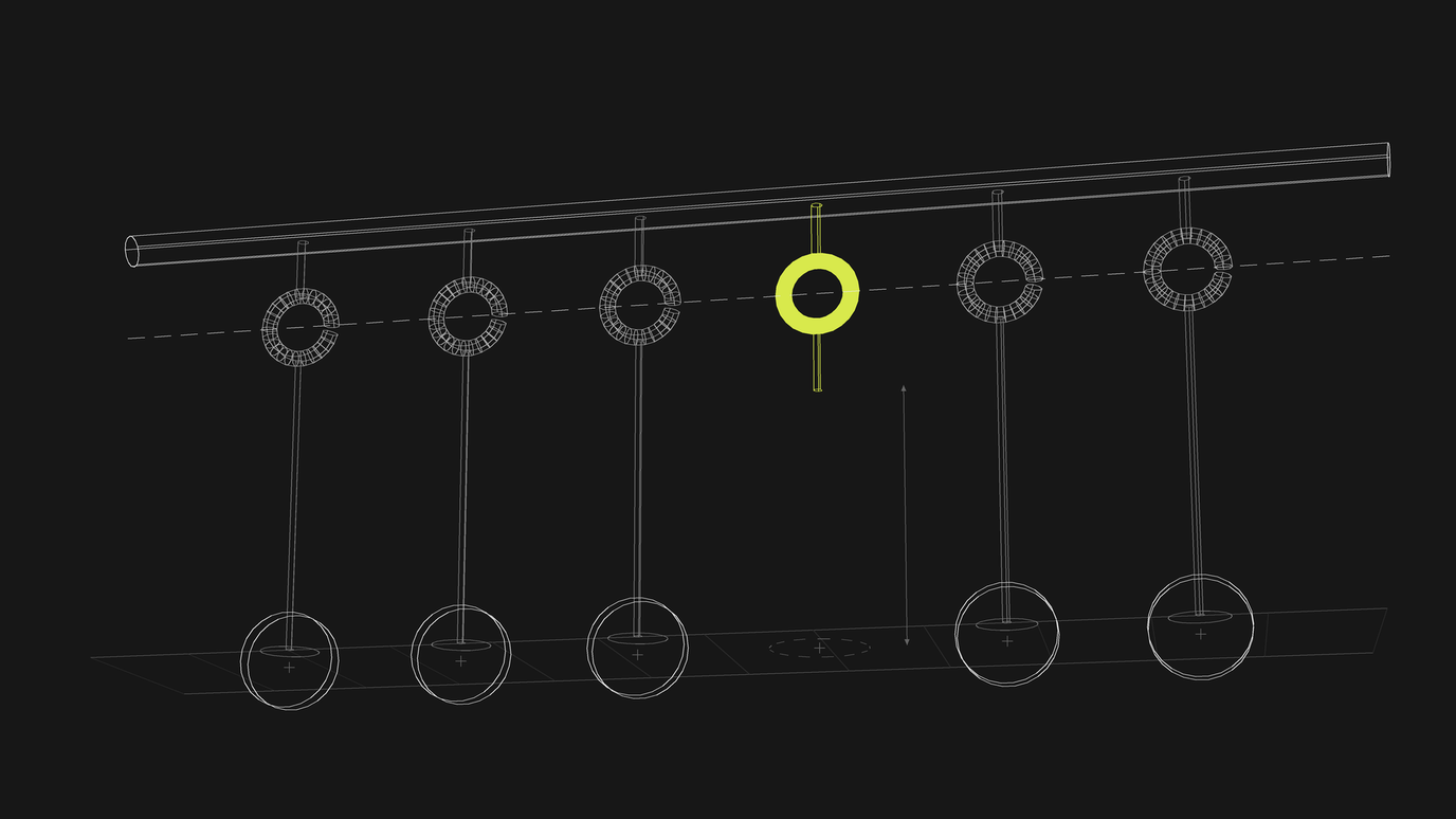 Six wireframe rings hanging from a rail, five with rods running down to spheres on a ground plane and one highlighted lime whose rod stops short with nothing beneath it