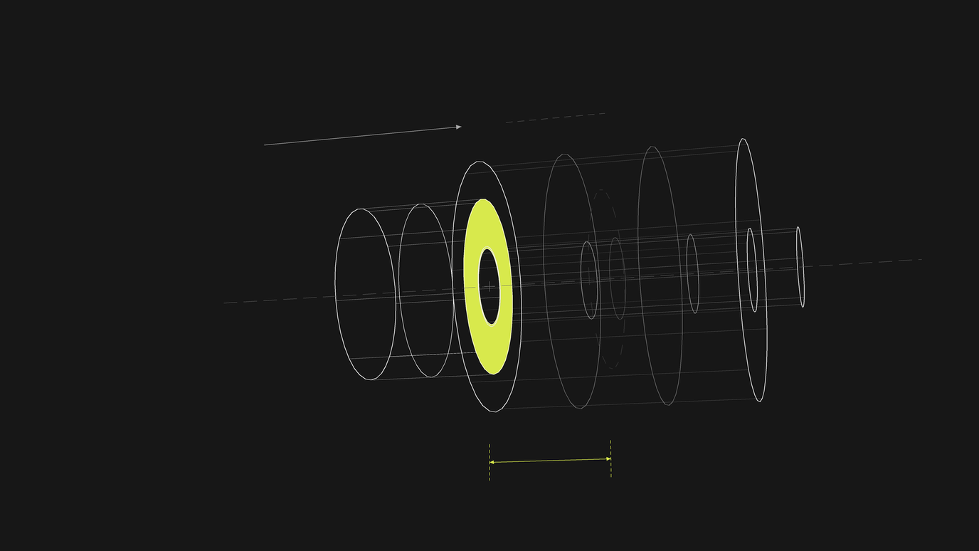 A wireframe exploded view of concentric discs along a dashed axis on a dark background, with one disc filled solid lime and a lime dimension line beneath