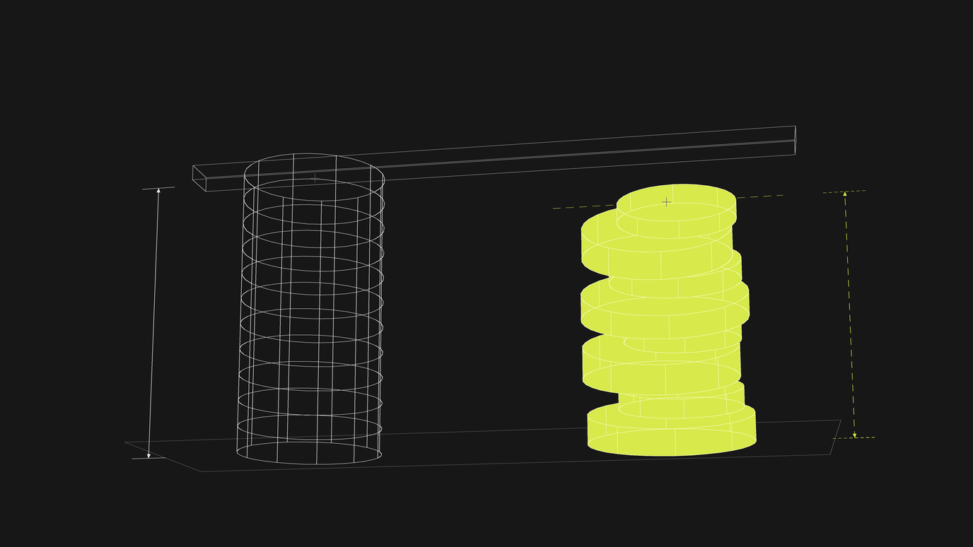 A tall wireframe cylinder beside a stack of misaligned lime discs of similar height, with dimension lines marking each and a beam resting across the top of the wireframe