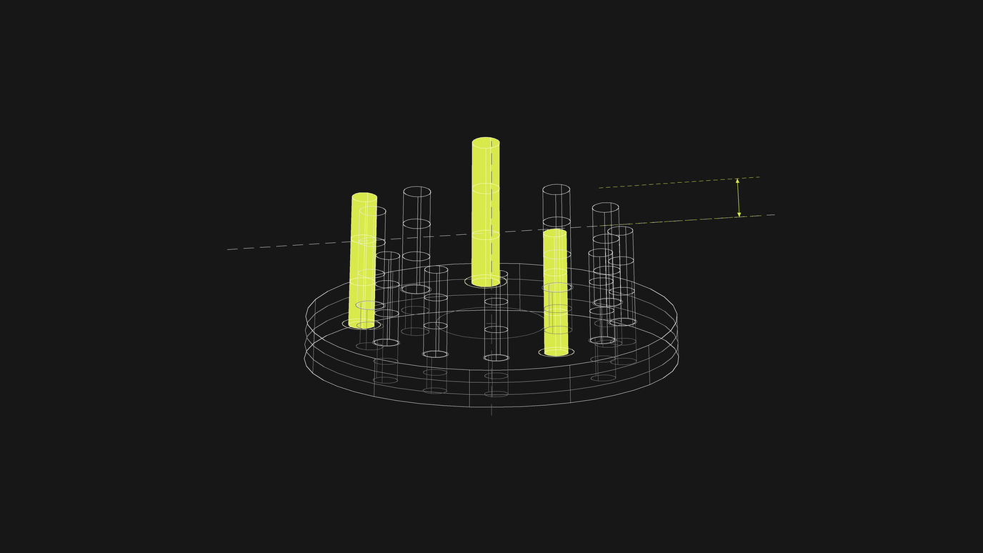 A wireframe circular platform with many cylindrical posts of different heights, three solid lime posts rising above a dashed horizontal line with a lime arrow measuring the height difference