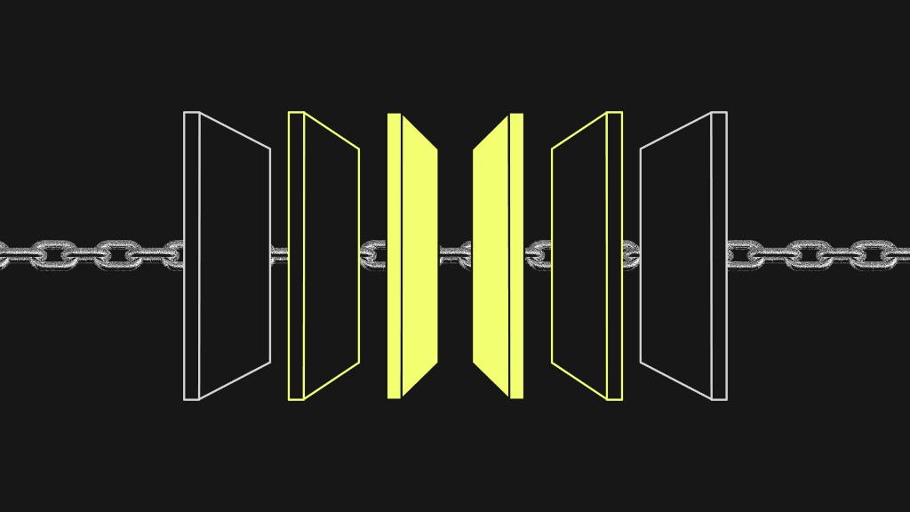 Abstract supply chain banner: metal chain with symmetrical yellow and dark panels over a dark background, representing logistics automation