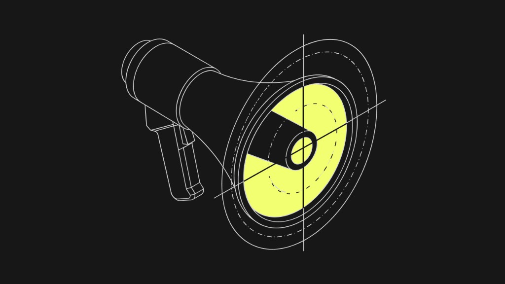 Technical blueprint-style megaphone with yellow highlights on a dark background, symbolizing strategic marketing automation