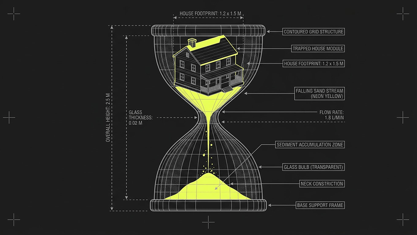 Line-art schematic of a house inside an hourglass as sand runs through, with lime-green callouts