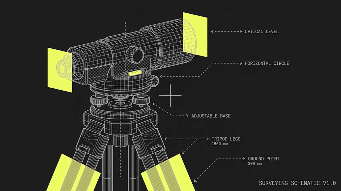 Line-art schematic of a surveying level on a tripod, with lime-green callouts
