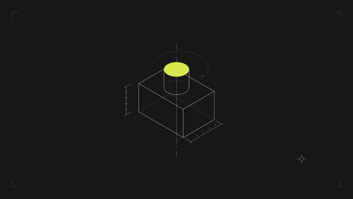 A wireframe isometric box with a cylinder rising from its top face, the cylinder's top disc filled lime, with a dashed arc showing its rotation and tick marks showing height and width