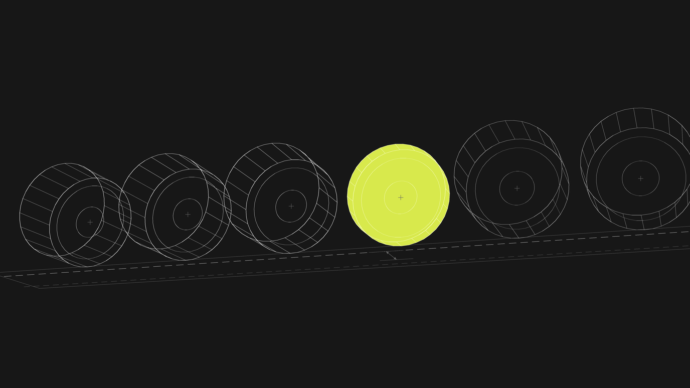 Six wireframe cylinders rolling along a track, one filled lime and sitting a fraction below the dashed guide line, with a small dimension arrow marking the gap