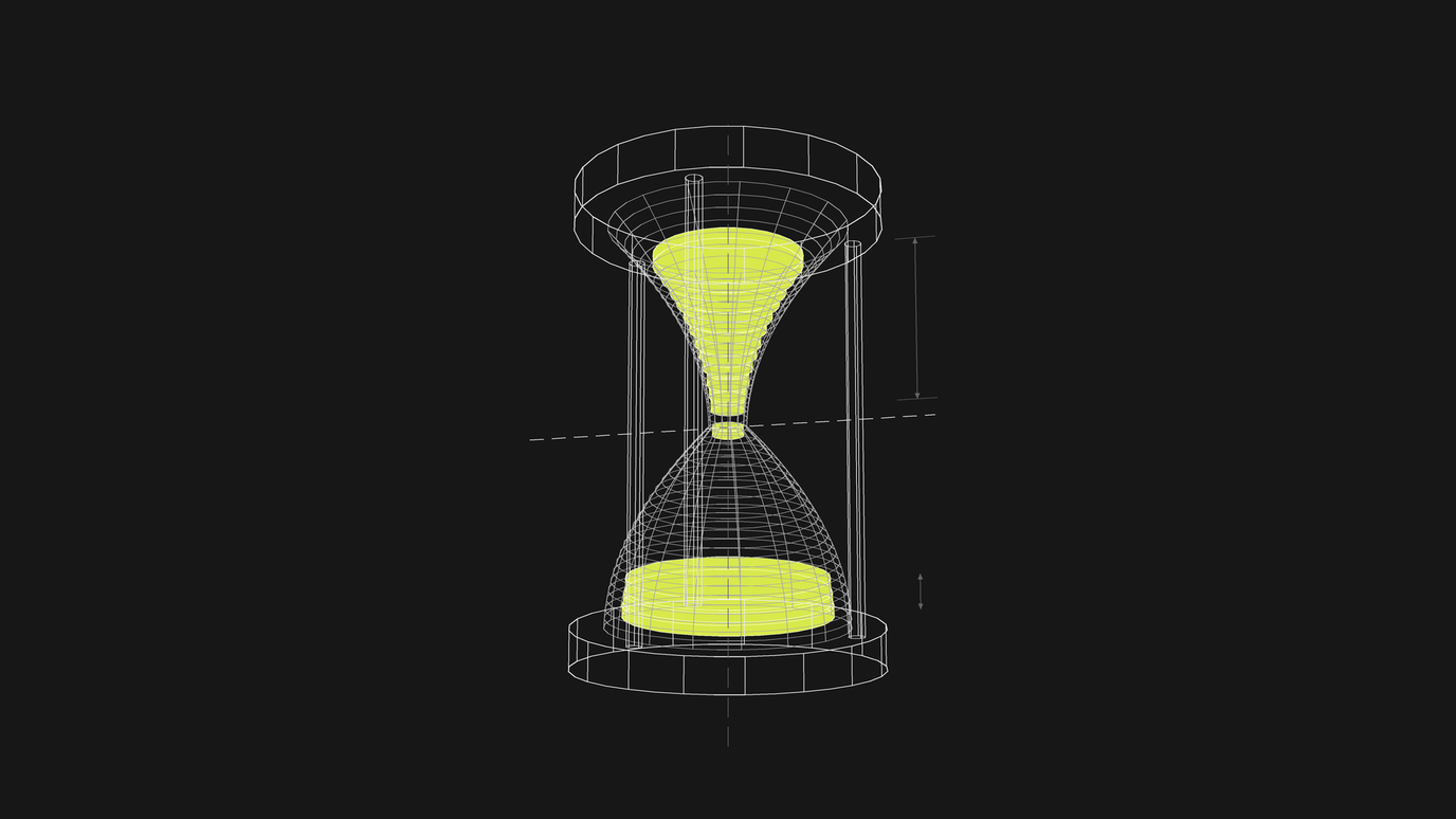 A wireframe hourglass with the sand in both chambers rendered solid lime, the height still to fall marked by a dimension arrow