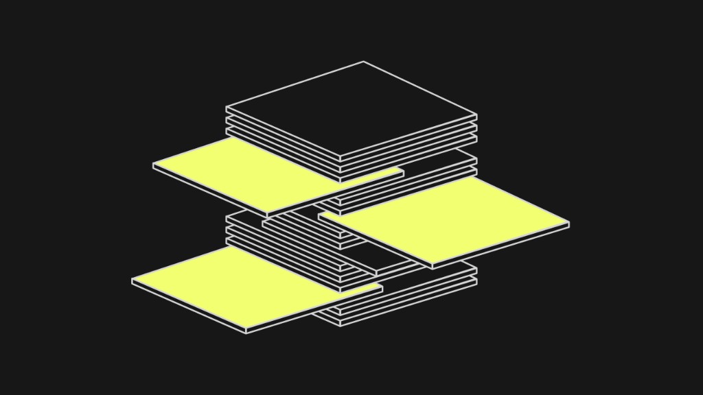 Isometric stack of outlined square layers with pale yellow accent plates on a dark gray background, representing modular AI process automation