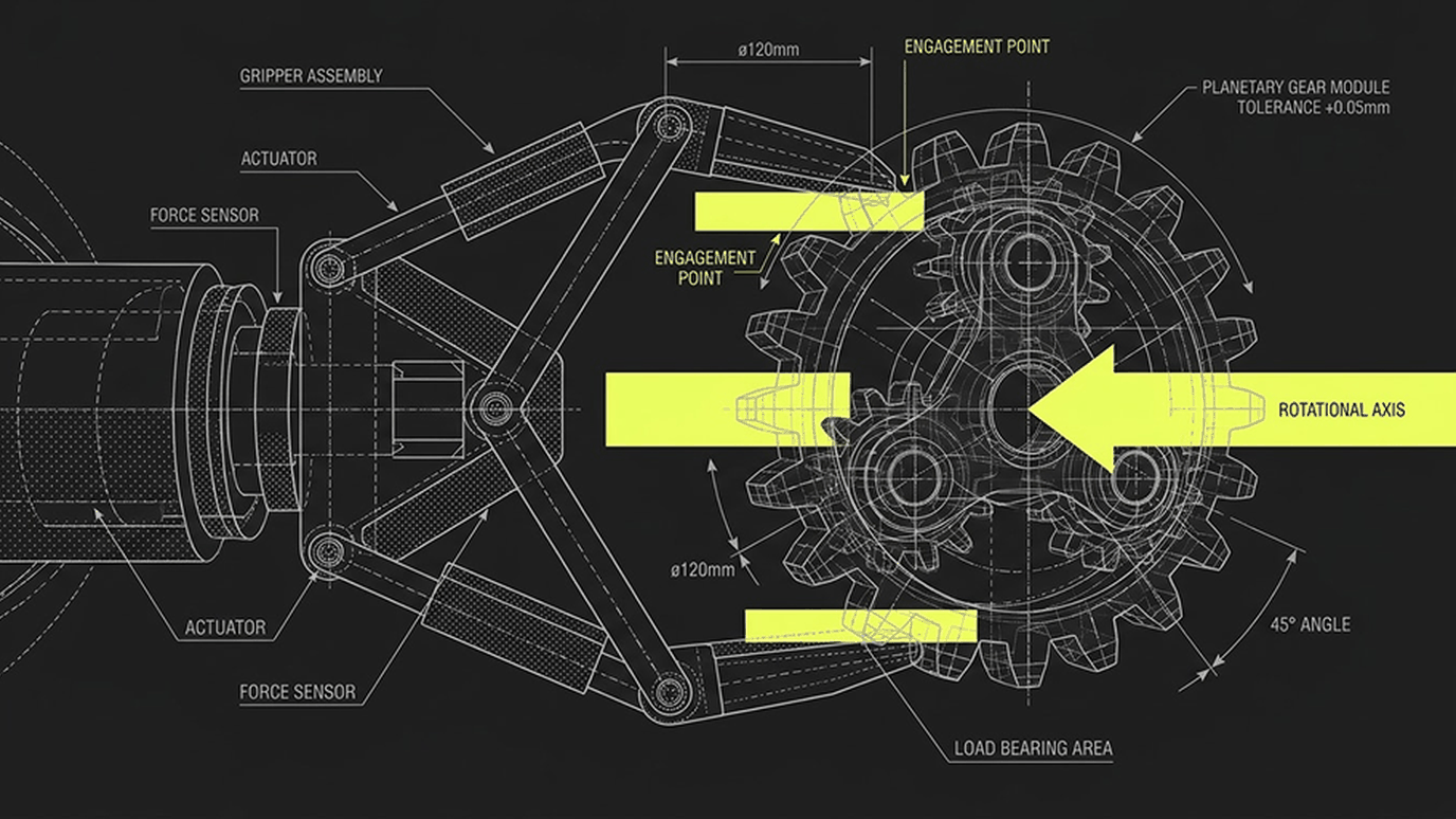 Line-art schematic of a robotic gripper engaging a gear train, with lime-green callouts