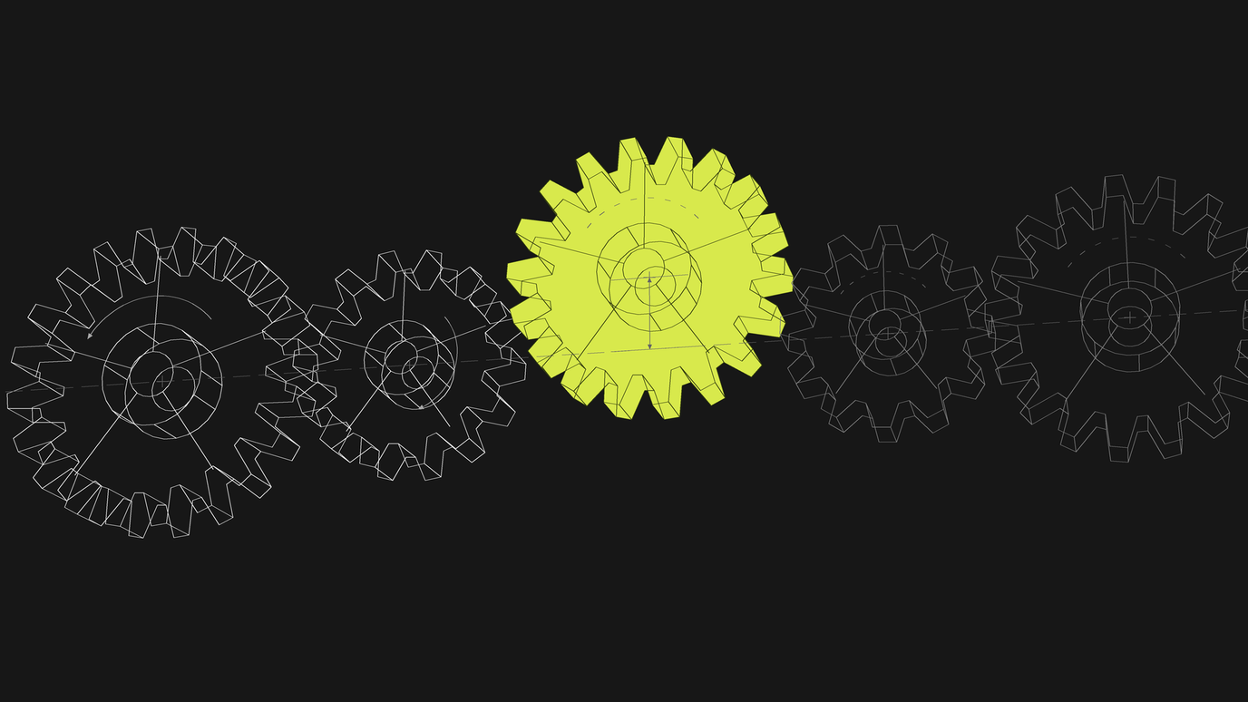 A row of wireframe gears in mesh with one rendered solid lime, its pitch diameter marked by a dimension arrow