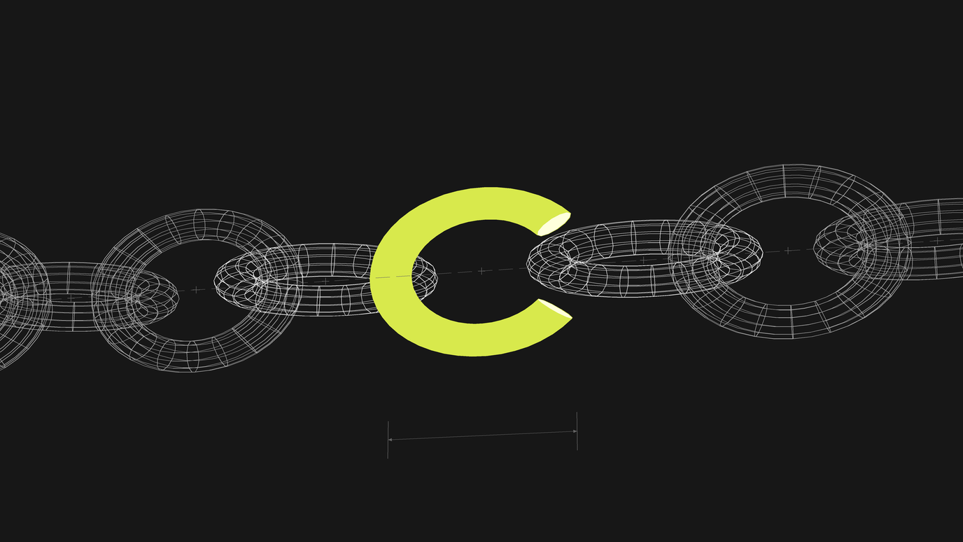 A wireframe chain running left to right with one link rendered solid lime and broken open, the gap measured by a dimension line