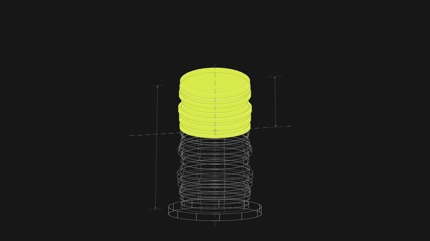 A wireframe coil compressing under a solid lime cylinder, with dimension arrows marking the gap between its free height and its loaded height