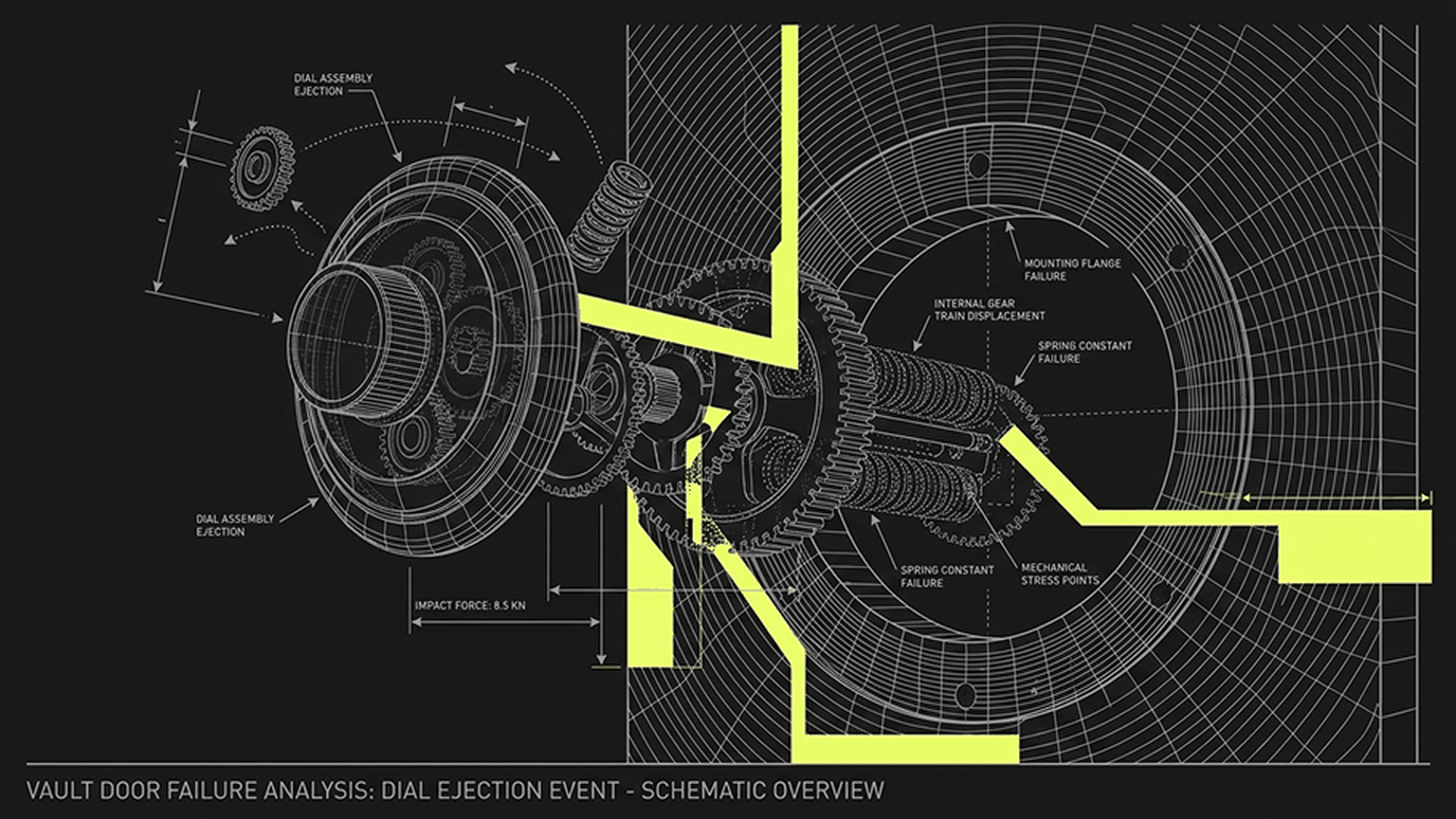 Line-art schematic of a bank vault door mechanism, with lime-green callouts