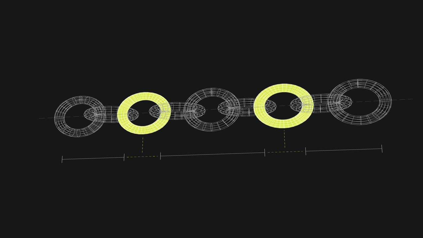 A wireframe chain of rings on a dark background with two links filled solid lime, dashed lines dropping from the lime links to a segmented measuring scale below