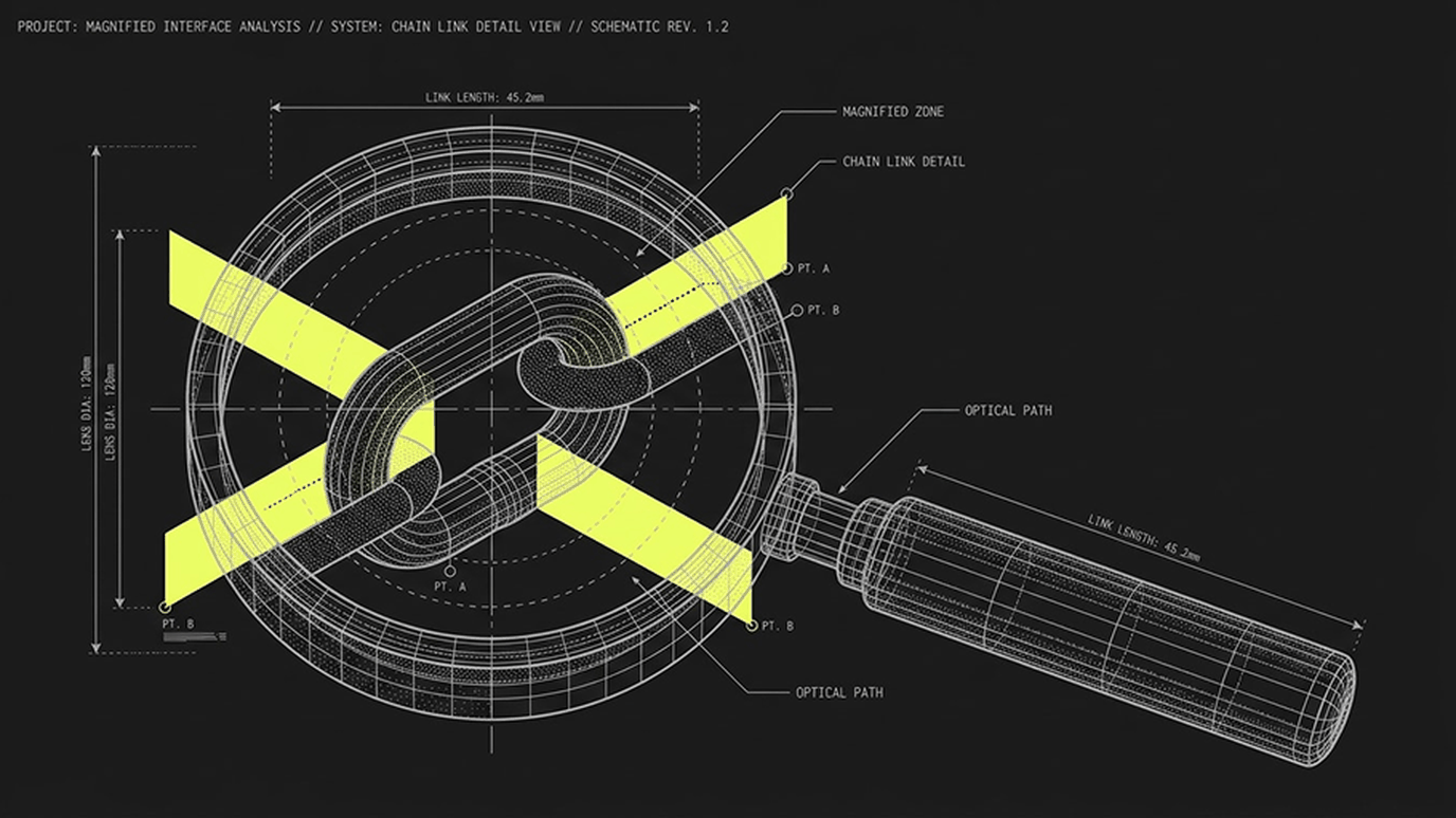 Line-art schematic of interlocked chain links under a magnifying glass, with lime-green callouts