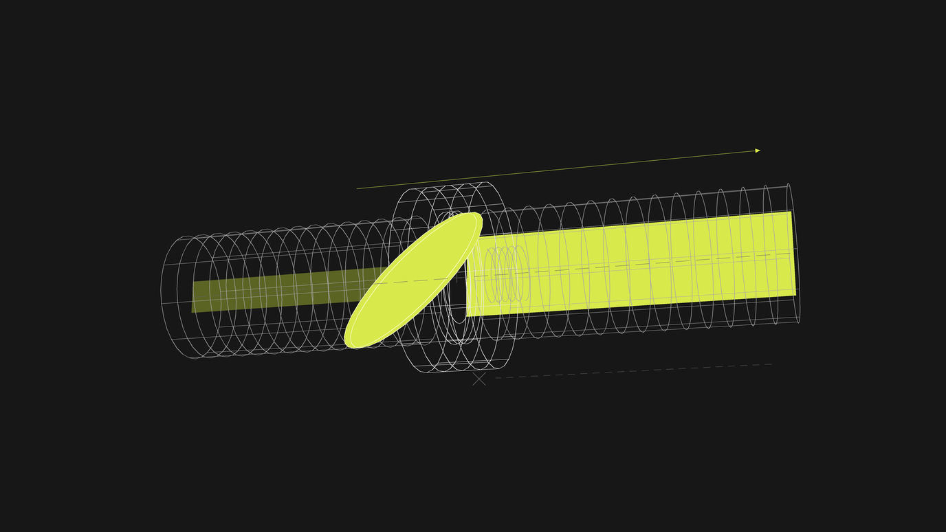 A wireframe coiled rod passing through a ring, a tilted solid lime disc cutting across its centre, a lime block filling the right half and a dim olive block the left, a lime arrow above pointing right