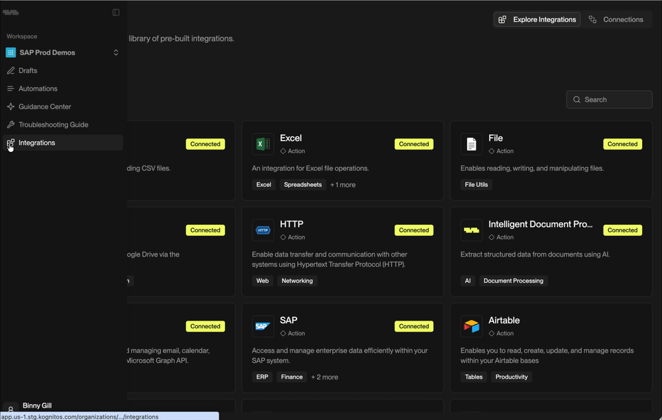 Deep SAP integration in Kognitos showing P2P 4-Way Match automation